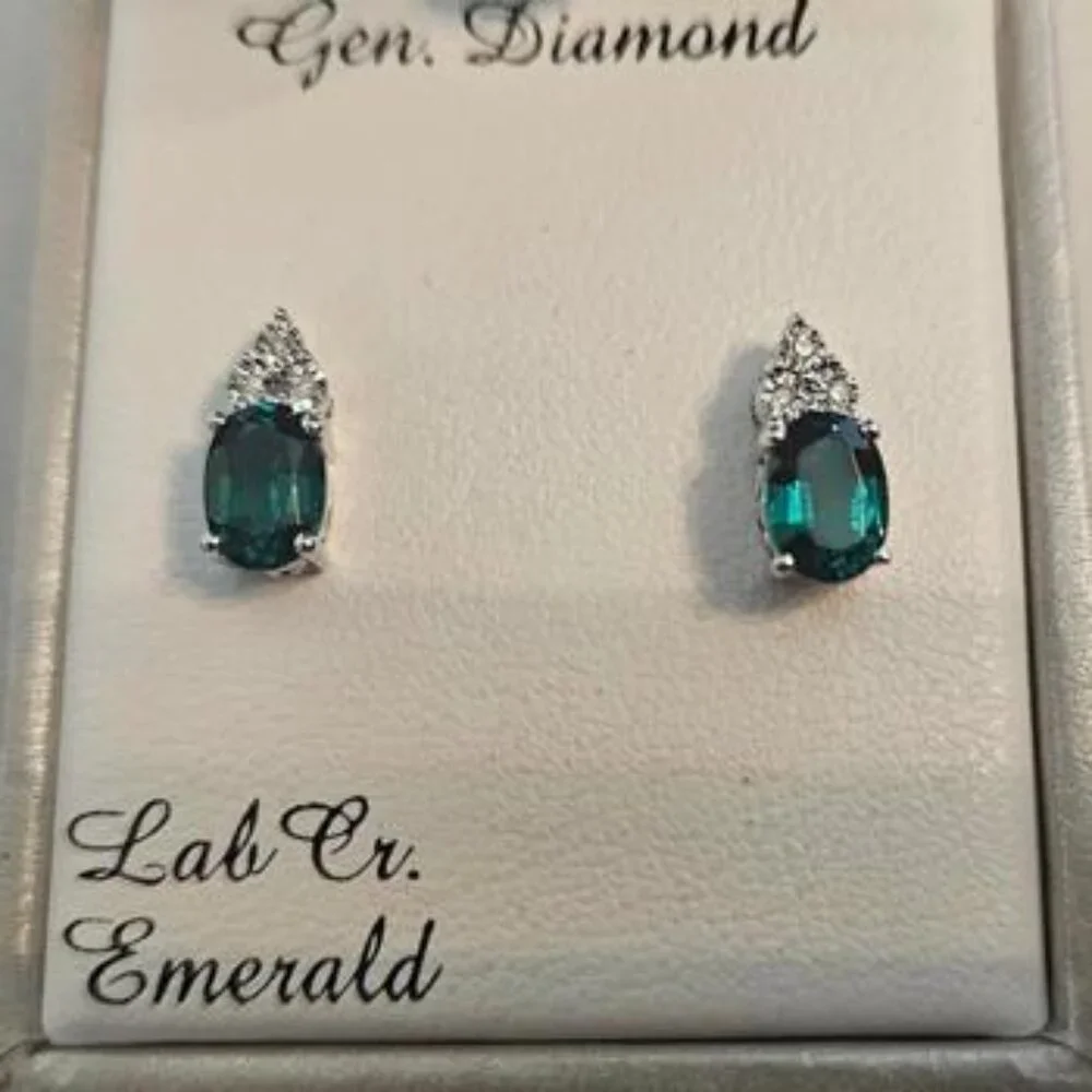 Sterling Silver Emerald and Diamond Accent Earrings NIB - Picture 1 of 4